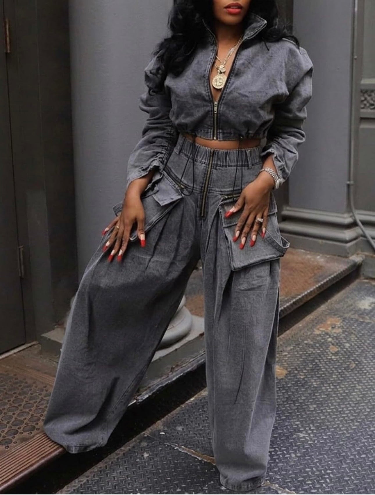 Wide leg denim set